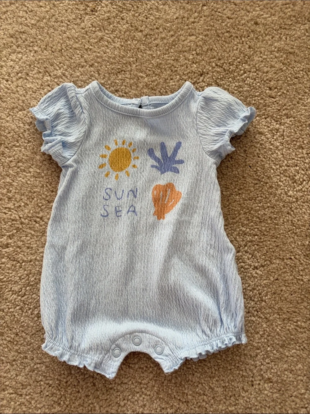 Light Blue 'Sun Sea' Ruffle Sleeve Baby One-Piece